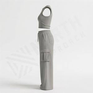 Ensemble de survêtement deux pièces pour femmes, haut court sans manches en molleton de coton de qualité supérieure, pantalon cargo ample avec poches latérales, vêtements de sport - Product Image 3