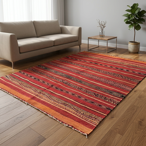 Tapis tribal fait main, kilim marocain rayé en laine noué à la main, à poils ras, rectangulaire, avec support en jute, épaisseur moyenne, pour salon et maison - Product Image 3