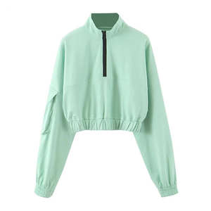 Women Stylish <b>Crop</b> <b>Top</b> Hoodie Breathable Knitted Sportswear Anti Wrinkle Lined Pockets for Active Lifestyles for Winter Sports - Product Image 1