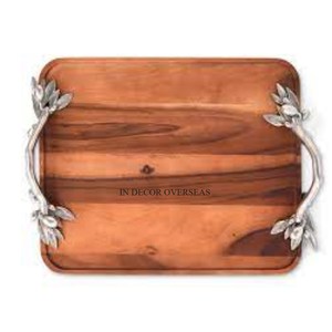 Asas de metal pulido brillante plateado de diseñador de ASTA para bandeja de servicio de madera de mango en forma rectangular Uso de utensilios de cocina para el hogar y el hotel - Product Image 5