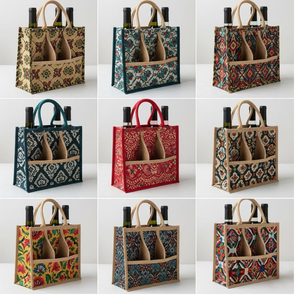 Sac en jute écologique à motif jacquard pour bouteille, avec poignée en jute, fabriqué au Bangladesh, sans fermeture - Product Image 2