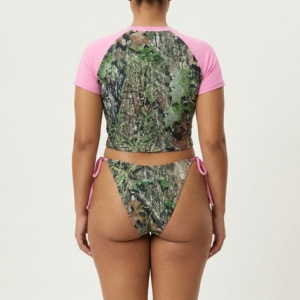 Women Plus Size Eco-Friendly Stretch Camo Letter Print Bikini Set Crop <b>Top</b> Tie Side Thongs Pink Accents Spandex Front/Waist - Product Image 6