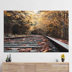 Impression sur toile de voies de chemin de fer d'automne : Art mural paysager élégant, toile enveloppée - Product Image 1