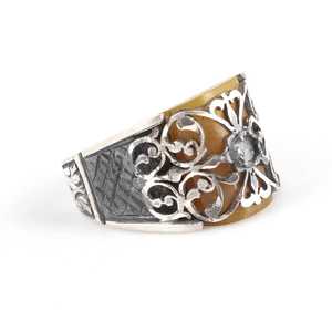 925 Sterling Silver Men's <b>Ring</b> with Yellow Pressed Amber Stone and Handcrafted Pen Design Bezel Setting Inlay Everyday Wear - Product Image 3
