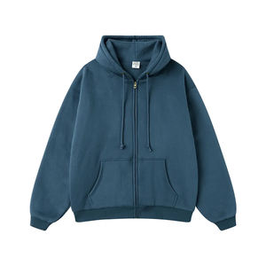 Sweat à capuche épais en coton épais pour hommes avec épaule tombante Streetwear zippé imprimé de logo personnalisé pour l'hiver-Teint uni - Product Image 2