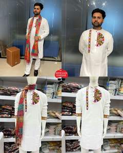 Festival Designer Wear Navratri spécial pur coton lourd brodé motif élégant Kurta avec poches Dupatta ensemble pour hommes - Product Image 6