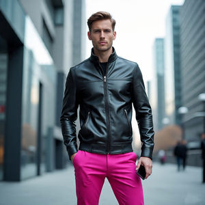 Men's Motorbike Genuine Leather Jacket Black Vintage Street Style Waterproof Letterman Design Front Chest Pocket - Product Image 2