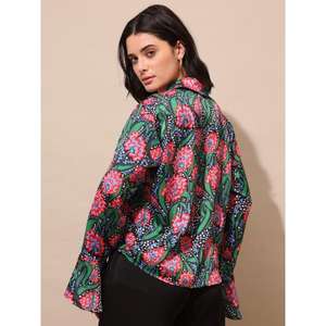 Purvaja Chemise en satin à col fleuri bleu imprimé pour femme - Product Image 6