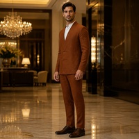 Costume homme orange rouille sans col, col en V noué, fermeture à nouer, poches latérales, style chinois, costumes d'affaires pour homme, sur mesure
