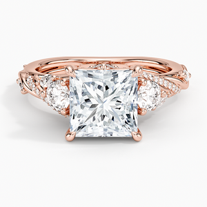Bague en diamant taille princesse, trois pierres en or jaune avec diamants marquise et ronds sur les côtés, motif vigne de begonnie, bijoux de fiançailles pour femme - Product Image 3