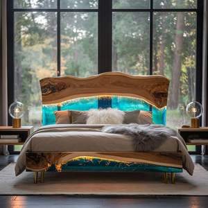 SACK Handmade Epoxy Resin <b>Wood</b> <b>Bed</b> <b>Headboard</b> | Modern Luxury Bedroom Furniture Custom Epoxy Resin River <b>Wood</b> Artistic Love Heat - Product Image 1