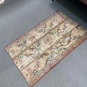 Vintage Rug, Small 2x3.2 ft Turkish Rug, <b>Brown</b> Red Ikat <b>Wool</b> Rug - Product Image 5