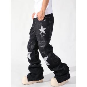 Pantalones Vaqueros Anchos de Mezclilla Negros de Moda para Hombre al por Mayor, Pantalones Holgados de Pierna Ancha con Cristales de Diamantes de Imitación y Estrellas, Ropa Casual de Calle para Otoño - Product Image 4