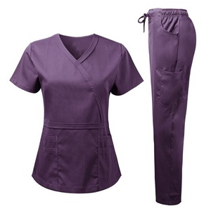 Personalizado Hospital Doctor Quirúrgico Mujeres Cremallera Cuello Manga Corta Top Doble Capa Bolsillo Enfermera Uniformes Scrub Sets - Product Image 1