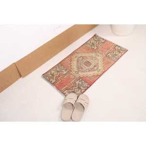 Vintage Turkish Wool Rug 1.3x2.6 ft Small Rug Red <b>Brown</b> Patchwork Design Eco-Friendly Latex Backing - Product Image 2