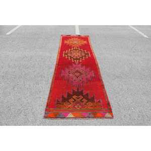 Turkish <b>Runner</b> Rug 3.2x11.3 ft, <b>Red</b> Orange Patchwork Rug Wool - Product Image 1