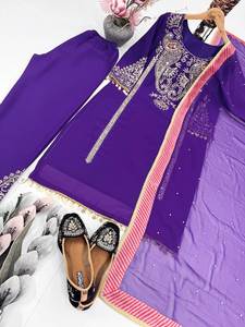 Femmes Fashion Designer Wear Faux Georgette Beautiful Embroidery Sequence Work & Lace Border Top and Bottom With Dupatta - Product Image 4