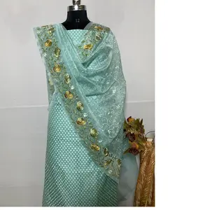 custom made brocade silk dress materials with floral embroidered border scarves ideal for dress designers for resale