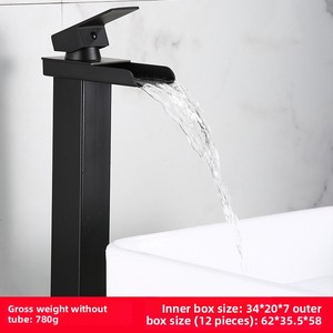 Moderner Mattschwarzer Edelstahl Wasserfall-Waschtischmischer mit Einhebelmischer für Warm- und Kaltwasser, Einlochmontage für Aufsatzwaschbecken - Product Image 3