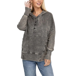 Sudadera con Capucha para Mujer, Mezcla de Algodón, Color Sólido, Manga Larga, Estilo Casual, con Bolsillos, Acabado Lavado, Estilo Otoñal - Product Image 2