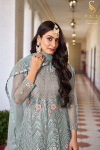 Exclusive Embroidered Butterfly <b>Net</b> Salwar Kameez Set Ethnic Modern Designs Satin Bottom Women Winter Wear Indian Pakistani - Product Image 5