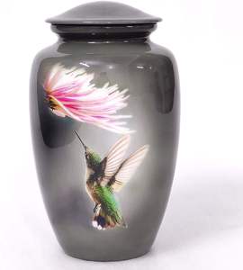 Urne funéraire grise pour cendres, vase de crémation artistique avec oiseau en vol et motifs floraux - Product Image 1