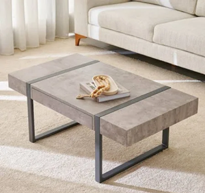 Table basse en métal avec plateau rectangulaire gris effet pierre soutenu par une base minimaliste en forme de U en métal gris foncé en vente en gros - Product Image 1