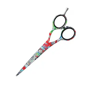 Fancy Paper Coated Design Printed Stainless Steel High Carbon Barber Scissors with finger rest 6.5 Inches Salon Shears for boys