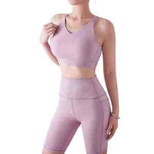 Latest High Quality Two Pieces Sets <b>Women</b> Yoga Sports Suit Crop <b>Top</b> Shirt Breathable High Waist Shorts Durable Yoga Set - Product Image 3