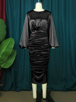 Robe de soirée moulante mi-longue en satin américain à col rond et manches lanternes pour femme