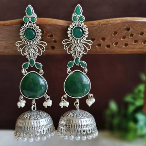 Boucles d'oreilles pendantes en pierre Monalisa, boucles d'oreilles Jhumka en argent, légères, bijoux indiens traditionnels, accessoire de vente en gros - Product Image 3