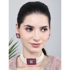 สร้อยคอมุกทรงสี่เหลี่ยมสีน้ำตาลแดงประดับเพชรซิร์คอนสำหรับงานแต่งงาน - Product Image 3