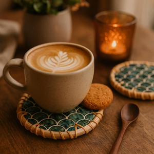 Nouvel ensemble de plateau de service en rotin avec incrustations de nacre, avec sous-verres et support, de forme ronde, pour décoration de table basse, en provenance du Vietnam - Product Image 4