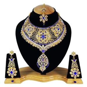 Vintage Trendy Crystal Rhinestone Handmade Flower Necklace Earrings Maang Tikka Set for Wedding and Gift Occasions - Product Image 1