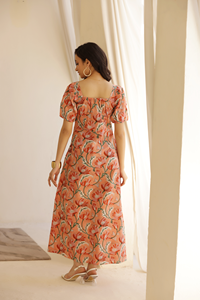 ชุดเดรสยาวคลุมเข่าแบบลำลองของผู้หญิงทันสมัยชุดเดรสผ้าฝ้ายแท้ลายดอกไม้สีส้มสีเขียวอ่อนสำหรับคริสต์มาส - Product Image 4