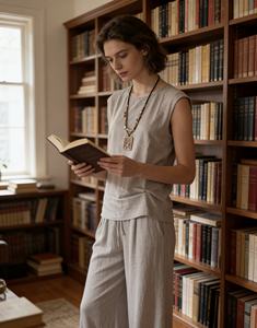 Artículos Populares de Outlet de Fábrica al por Mayor: Conjunto de 2 Piezas de Chaleco/Pijama Casual de Cáñamo Suave Personalizado para Mujer, Colección Primavera Verano con Cintura Elástica - Product Image 1