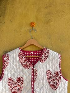 Handblock Red Heart Quilted Vest | Cotton Sleeveless Jacket For <b>Women</b> | Boho White Waistcoat - Product Image 3