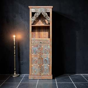 Carved <b>Rustic</b> Scrollwork Arch Bookcase <b>Cabinet</b> Traditional Style Foldable Bookshelf for Home Office & Living Room Furniture - Product Image 2