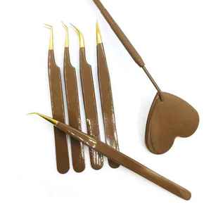 5 uds mango marrón recubierto de polvo con punta de fibra de oro juego de pinzas de extensión de pestañas caja negra oferta de etiqueta personalizada - Product Image 2