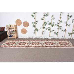 Alfombra clásica de lana turca Vintage Beige marrón 2,8X11,1 pies patrón de retales de tejido plano para sala de estar pasillo respaldo de látex - Product Image 1