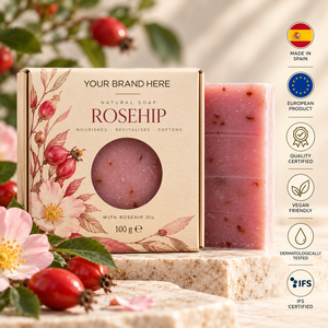 Sapone Artigianale di Rosa Canina con Etichetta Privata 100g |   Rinnovamento della Pelle Senza Olio di Palma Naturale Vegano |   OEM Spagna - Product Image 1