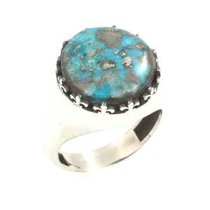 925 Sterling <b>Silver</b> Round <b>Statement</b> <b>Ring</b> for Men Genuine Turquoise Stone Platinum Geometric Design Everyday Wear - Product Image 1