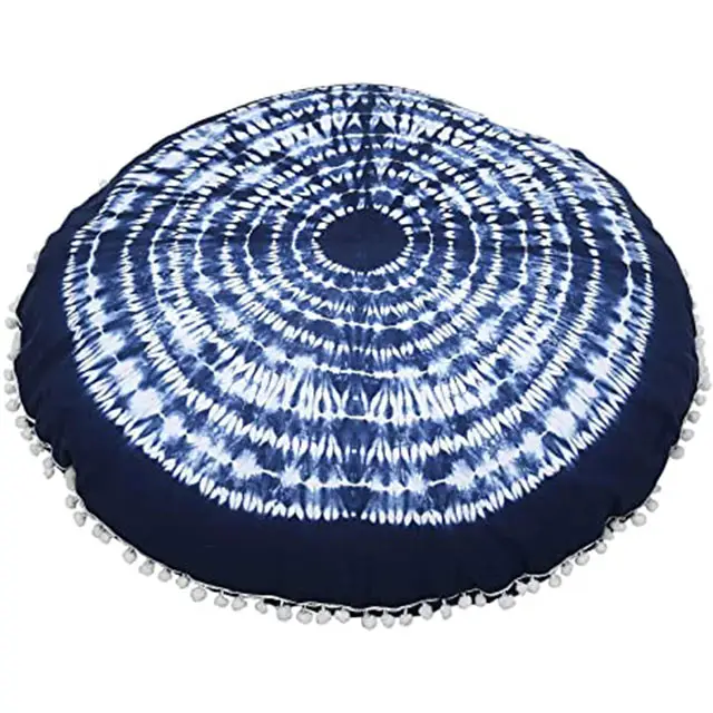 Hand Made Floor Pillow Cover Throw Pouf Bohemian Yoga Home Decor Decorative Hand Shibori Tie Dye 100% Cotton - Blue 32" Cover