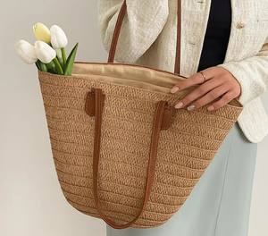 Woven Straw Tote Bag: Leather Handles, Large Beach Bag - Product Image 3