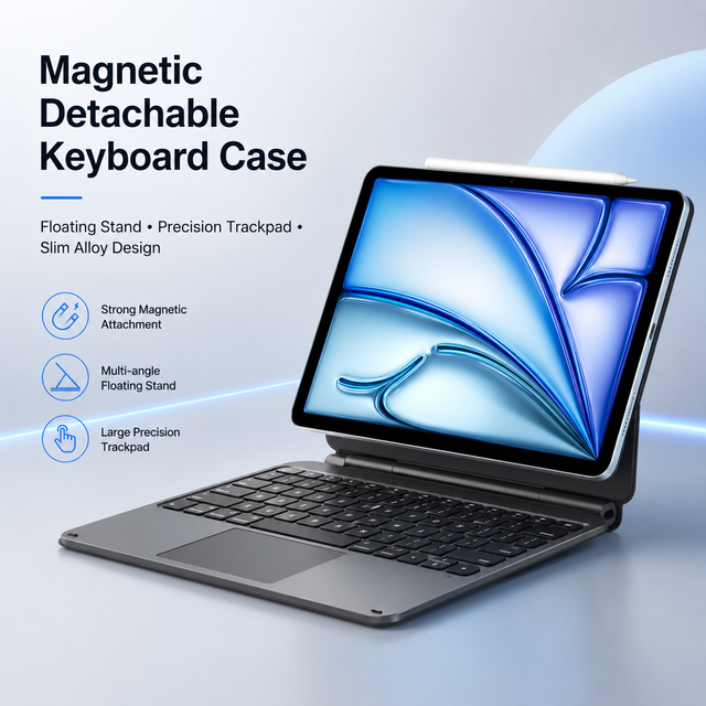 Suspension Tiltable Magnetic Keyboard Case Metallic Modular Snap-On Touchboard Pen Storage Laptop-Style USB C Powered