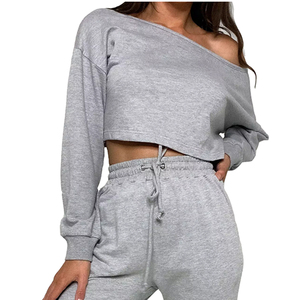 Sudadera con capucha de dos piezas recortada de alta calidad de algodón 100% para mujer, conjunto de chándal con hombros descubiertos de 2 piezas, Top corto y Sudadera con capucha - Product Image 2