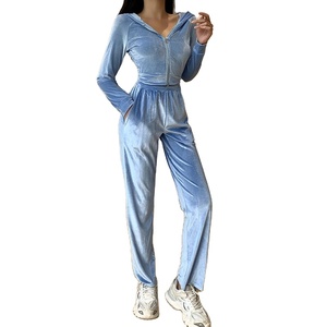 New Velvet Letter Embroidery Long Sleeve Zipper Crop Top Hoodie + Jogger Pants <b>Women</b> Sweatsuit Set - Product Image 3