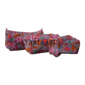 Ensemble de trousses de maquillage pour femmes, pochette zippée matelassée vintage en coton de haute qualité, fait main, écologique, durable, motif indien en blocs - Product Image 2
