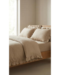 Luxury Brown/ Mink <b>Ruffled</b> 4pcs Polycotton <b>Bedding</b> Set Duvet Cover Fitted Sheet Pillowcases Bedroom Home & Hotel supplies - Product Image 1