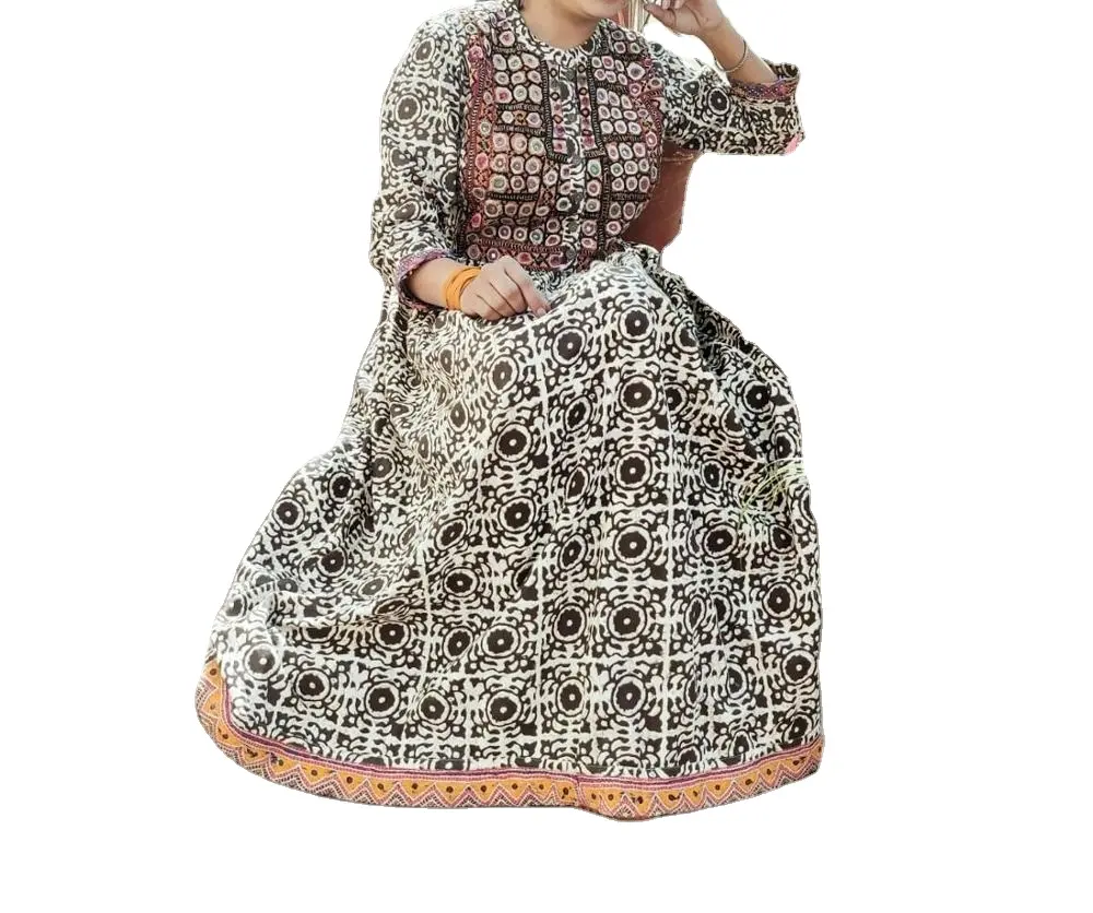 Vestido Vintage de algodón con estampado de mujer india, Kachhi bordado